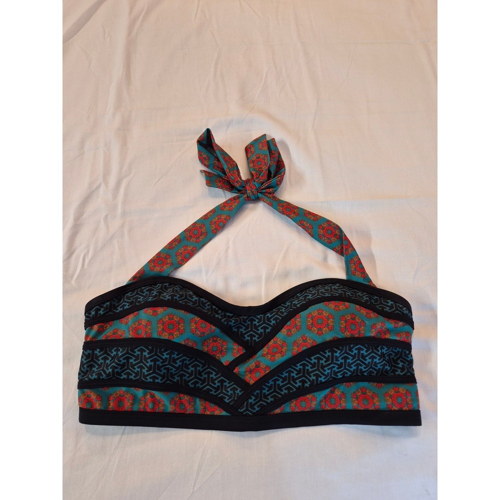 ModCloth Womens Geometric Floral Halter Bikini Top Teal Orange Black Large